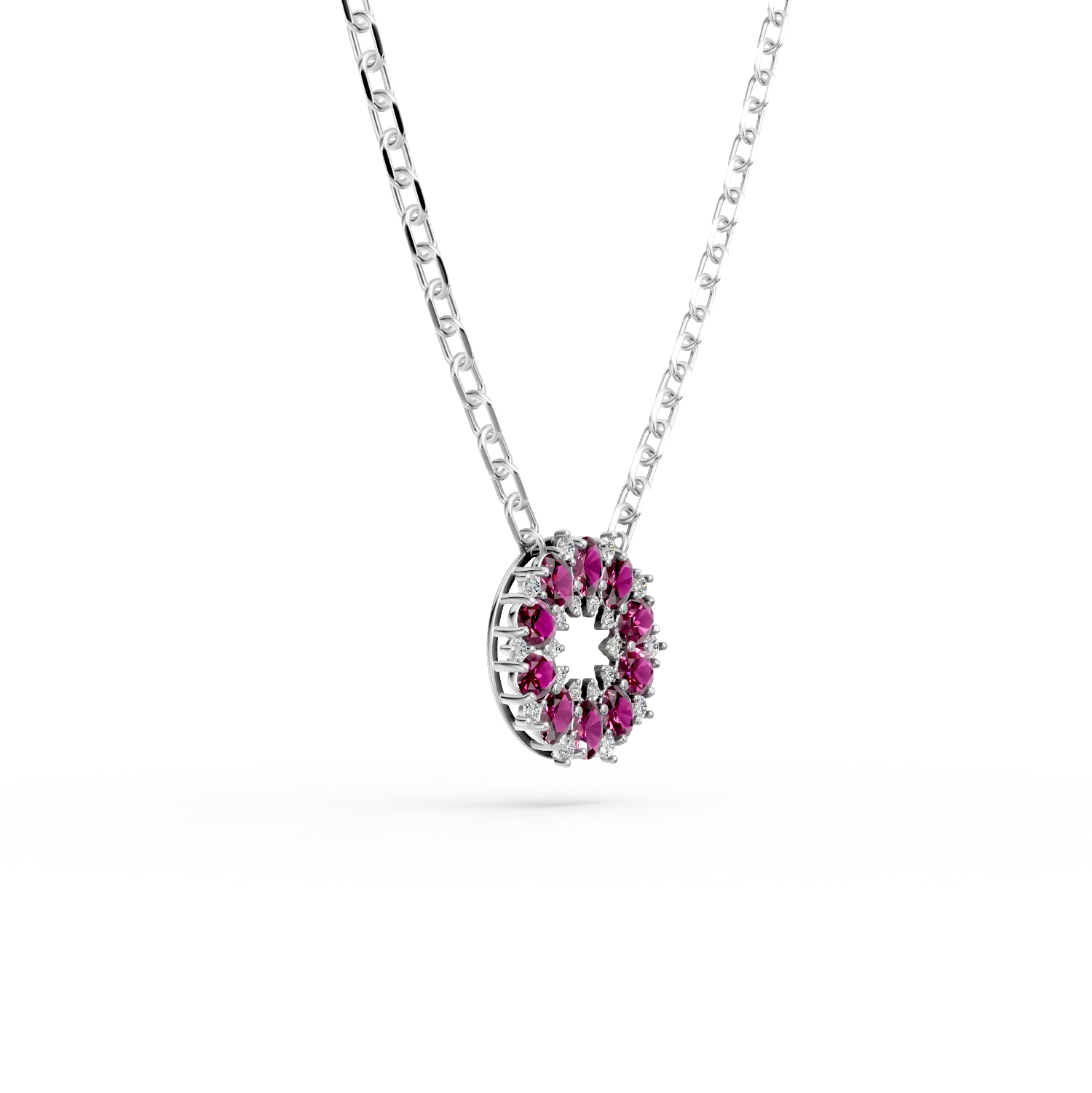 Lant cu pandantiv rotund din argint cu rodolite rosii de 2.16ct si zirconii