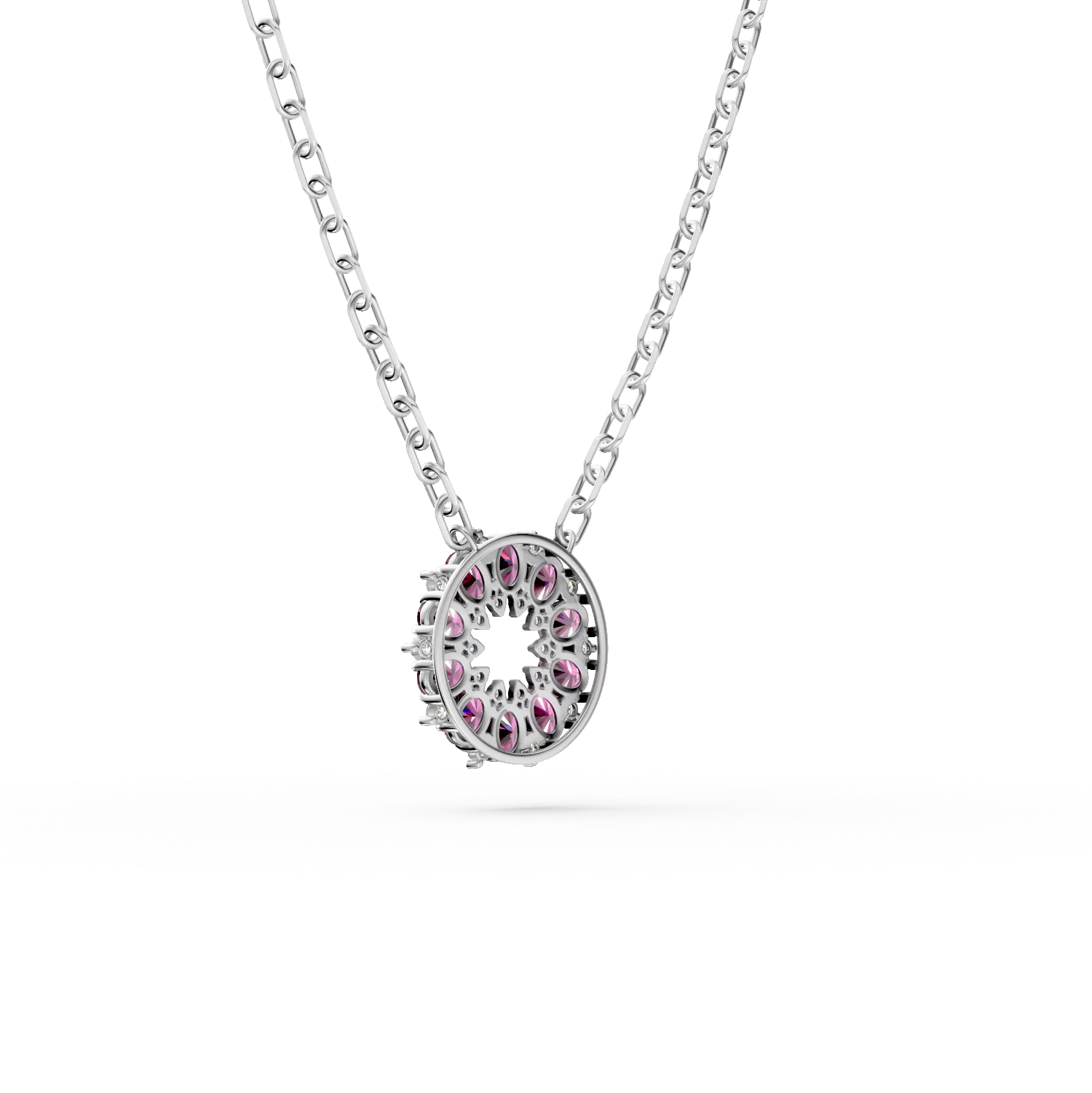 Lant cu pandantiv rotund din argint cu rodolite rosii de 2.16ct si zirconii