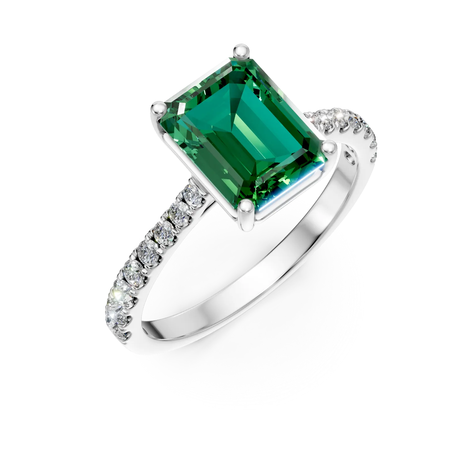 Inel din aur alb cu smarald si diamante de 1.74ct create in laborator