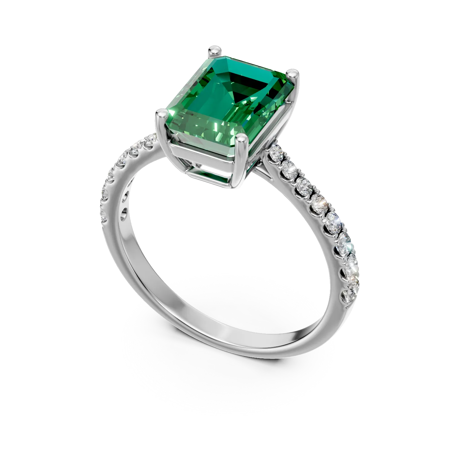 Inel din aur alb cu smarald si diamante de 1.79ct create in laborator