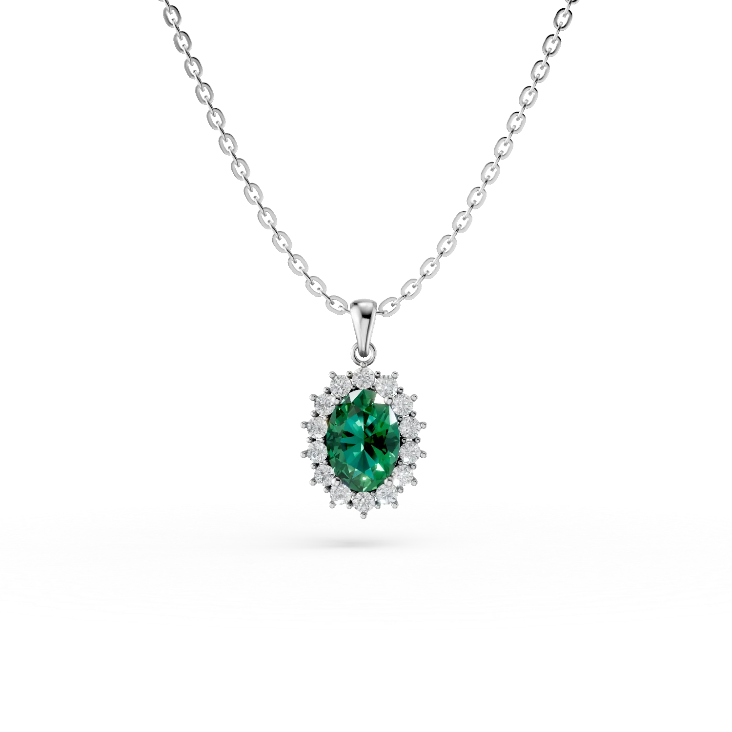 Lant cu pandantiv din aur alb cu smarald si diamante de 1.62ct create in laborator