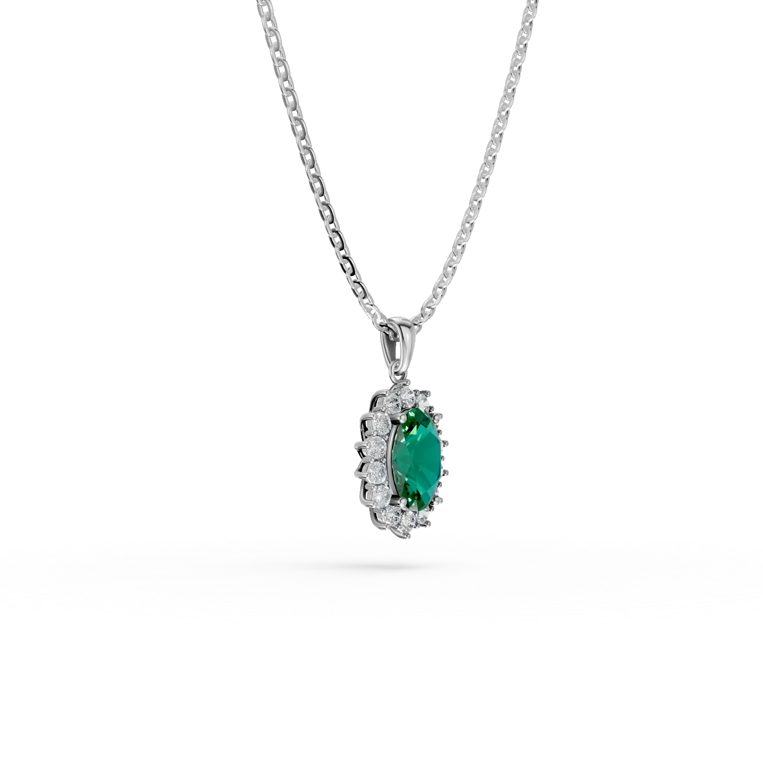 Lant cu pandantiv din aur alb cu smarald si diamante de 1.62ct create in laborator