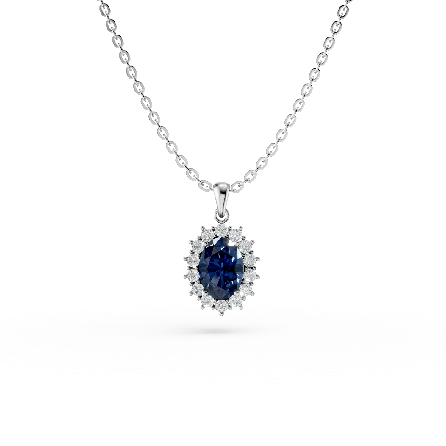 Lant cu pandantiv din aur alb cu safir si diamante de 1.8ct create in laborator