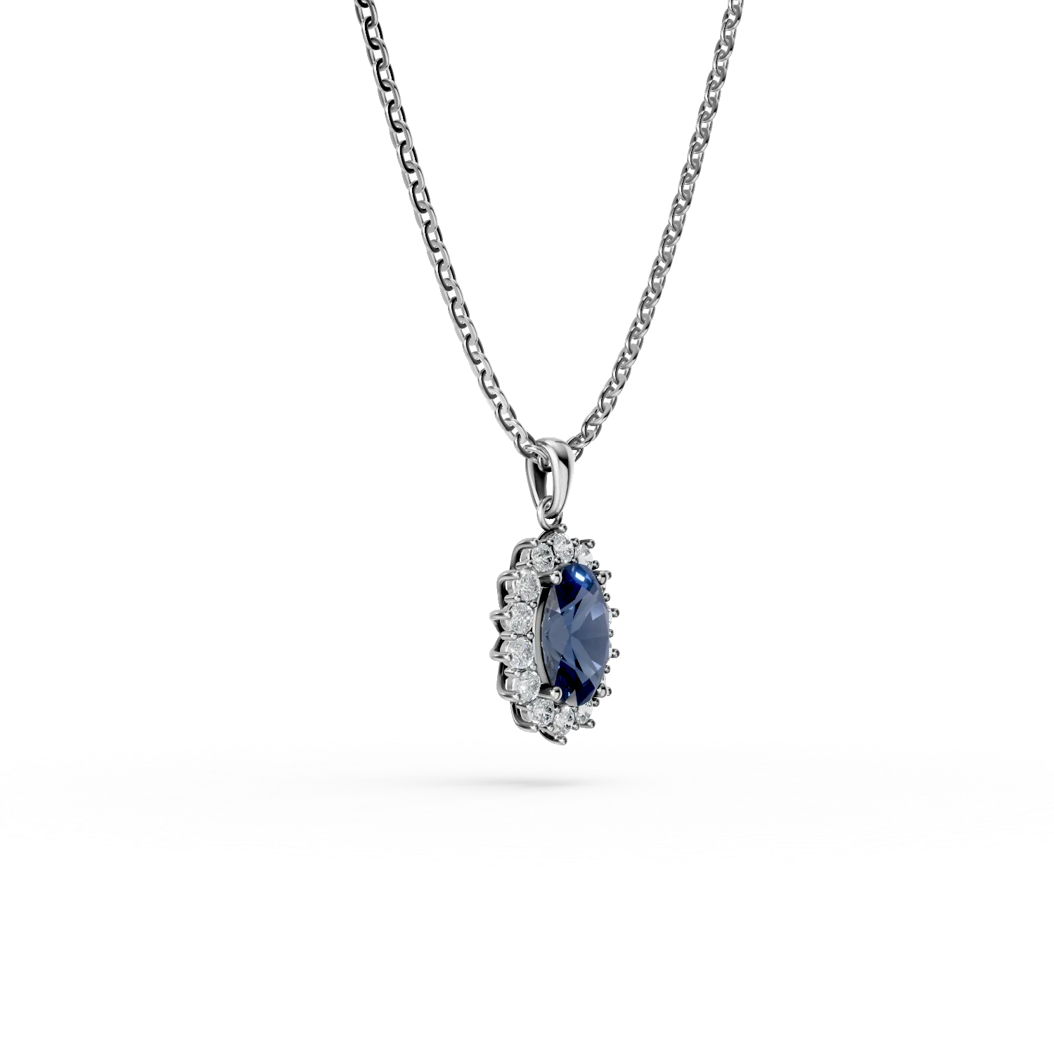 Lant cu pandantiv din aur alb cu safir si diamante de 1.8ct create in laborator