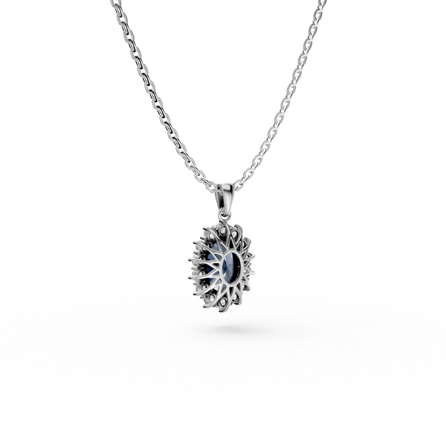 Lant cu pandantiv din aur alb cu safir si diamante de 1.8ct create in laborator