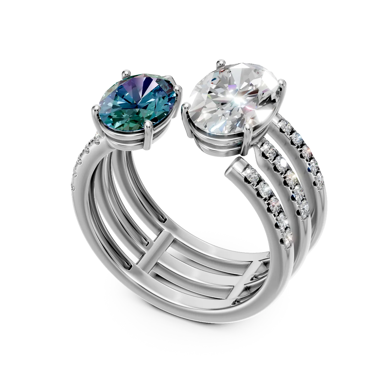 Inel deschis din aur alb cu diamant fancy vivid blue si diamante de 2.55ct create in laborator