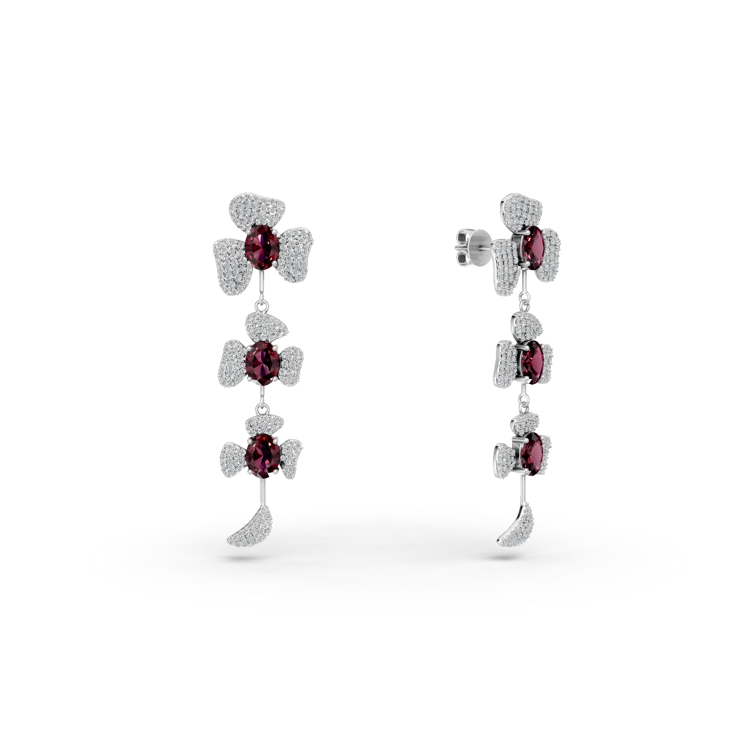 Cercei florali din argint cu granate rosii de 5.85ct si zirconii