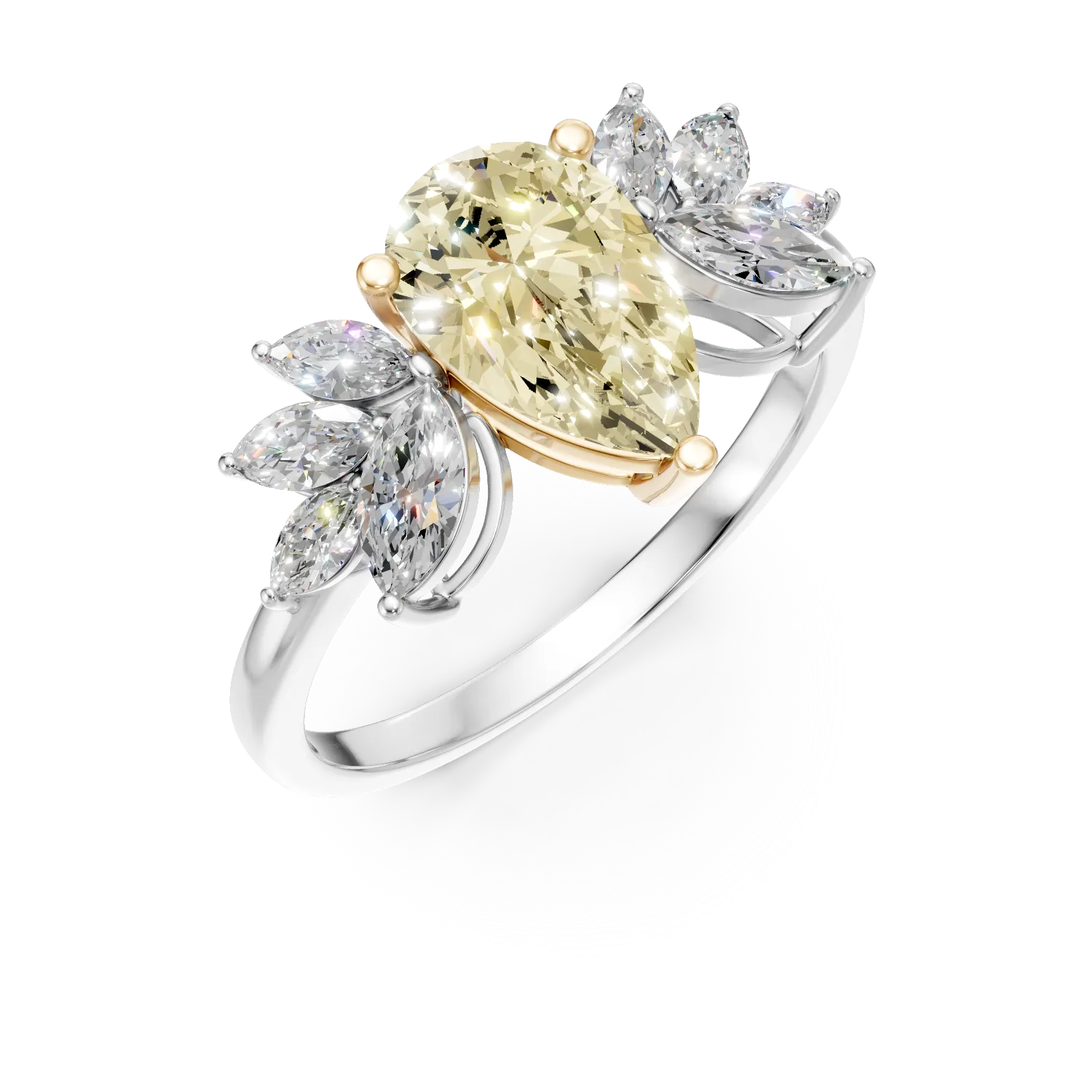 Inel din aur alb cu diamant fancy galben si diamante incolore de 2.57ct create in laborator