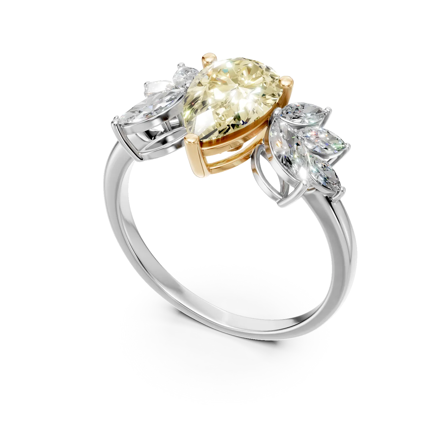 Inel din aur alb cu diamant fancy galben si diamante incolore de 2.57ct create in laborator