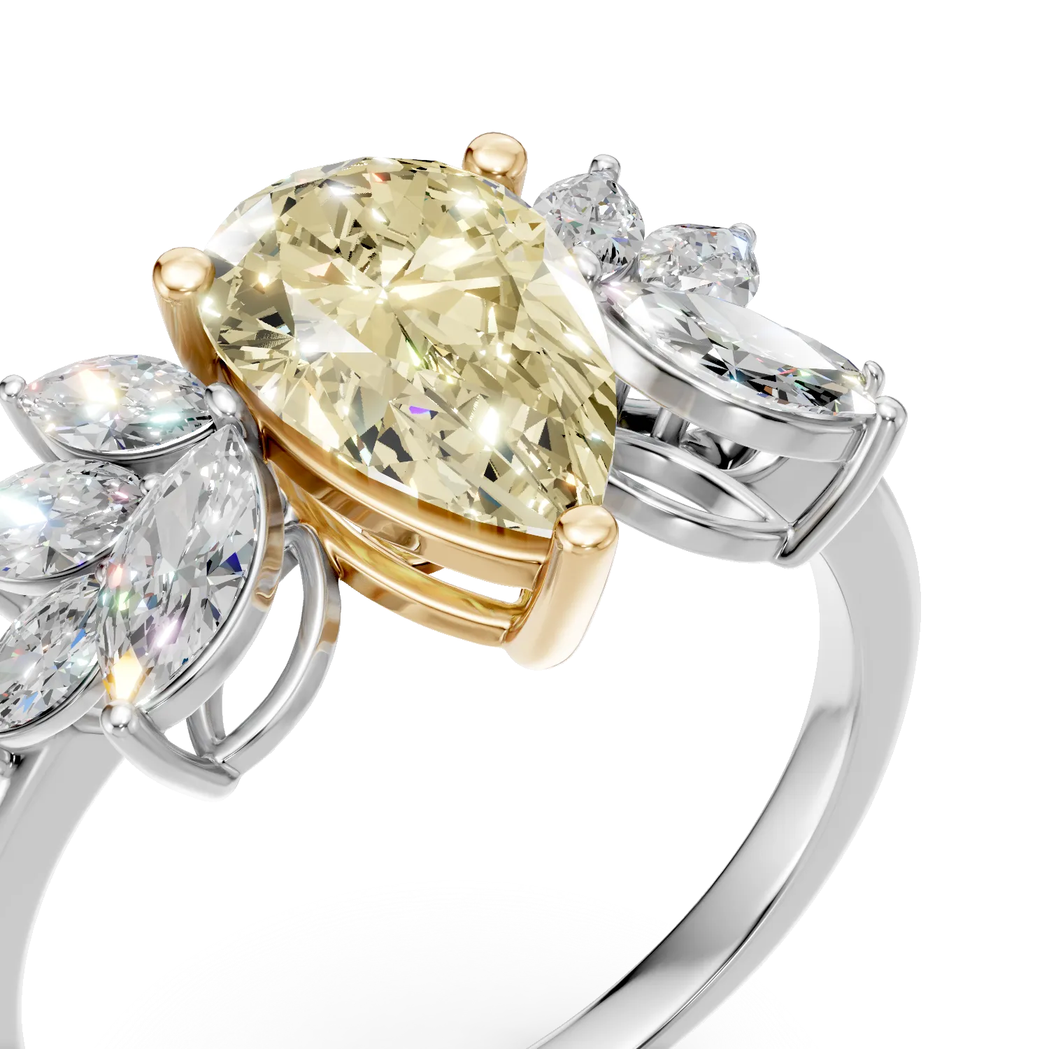 Inel din aur alb cu diamant fancy galben si diamante incolore de 2.57ct create in laborator