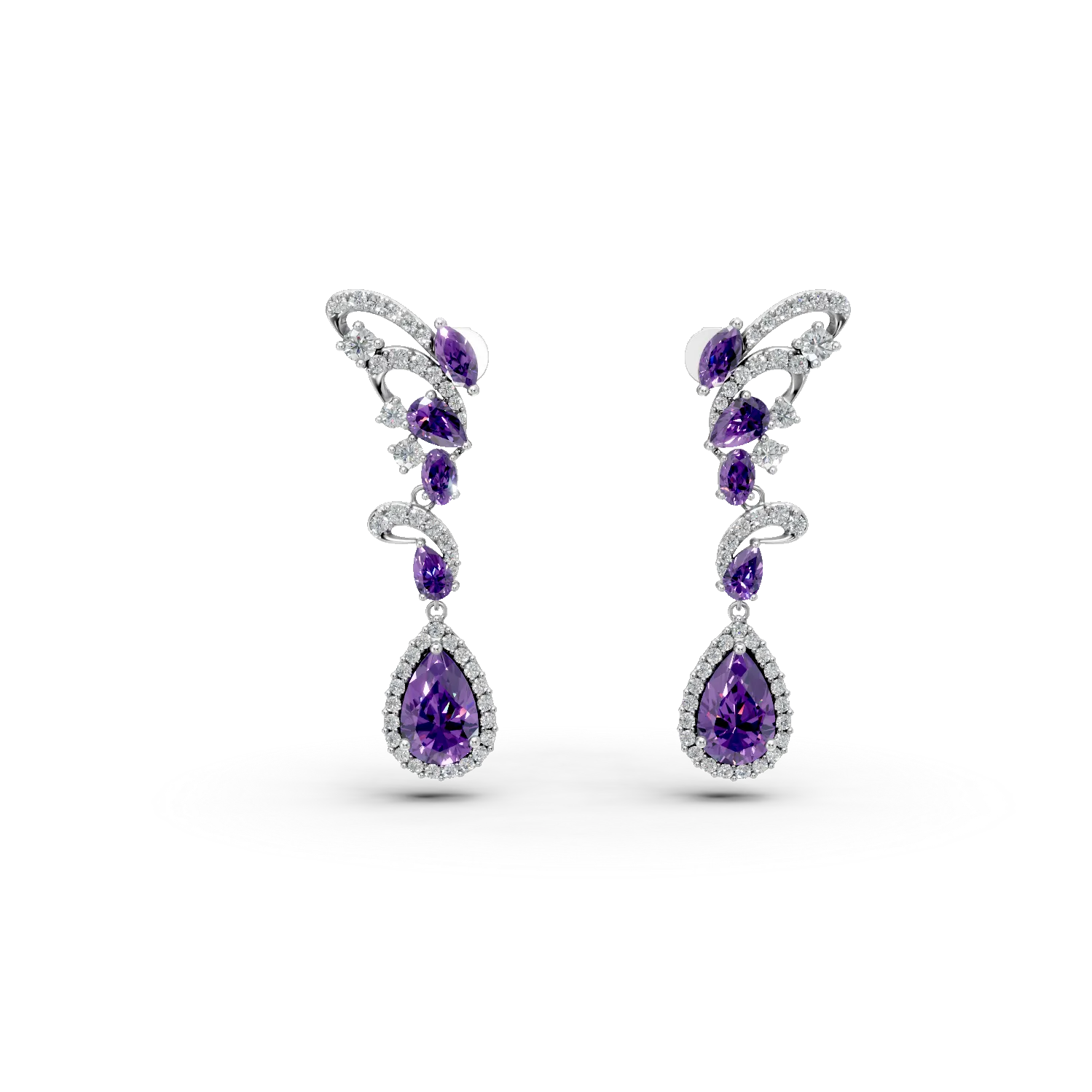 Cercei lungi din argint cu ametiste de 7.63ct si zirconii