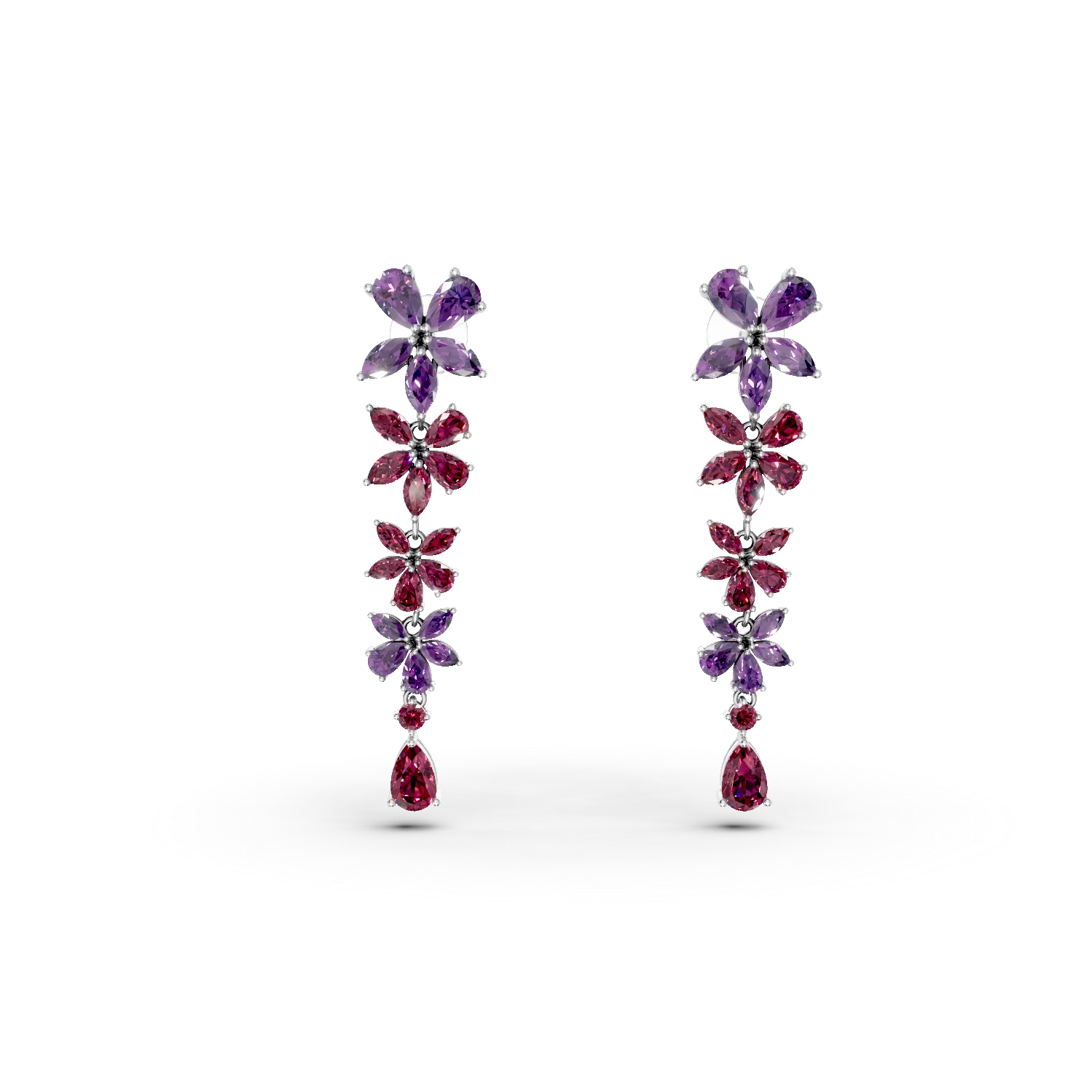 Cercei florali lungi din argint cu ametist si rodolite rosii de 9.26ct
