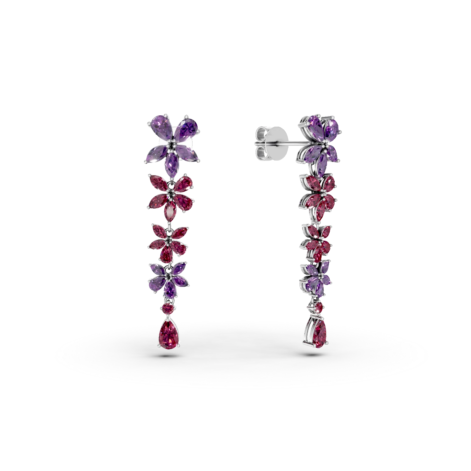 Cercei florali lungi din argint cu ametist si rodolite rosii de 9.26ct