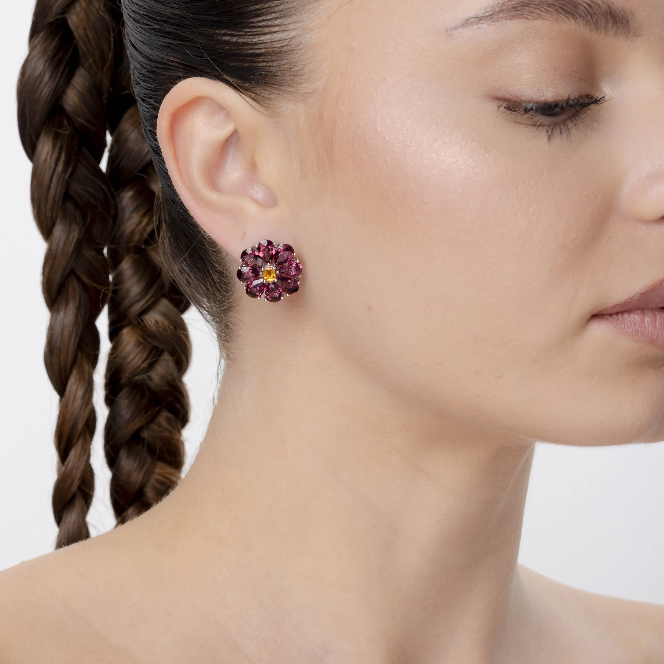 Cercei florali din argint cu rodolite rosii si citrine de 15.09ct