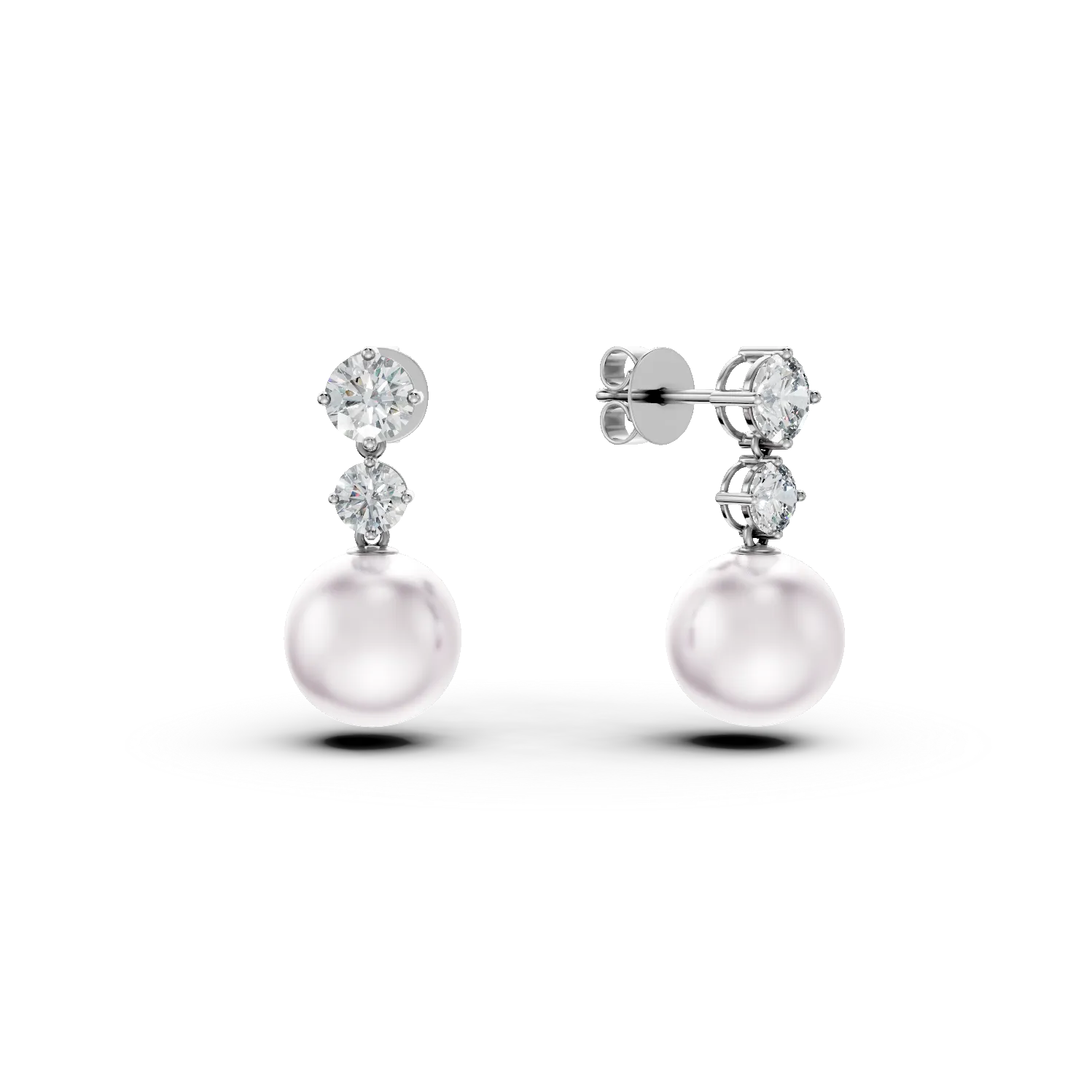 Cercei din aur alb cu perle de cultura si diamante de 1.35ct create in laborator