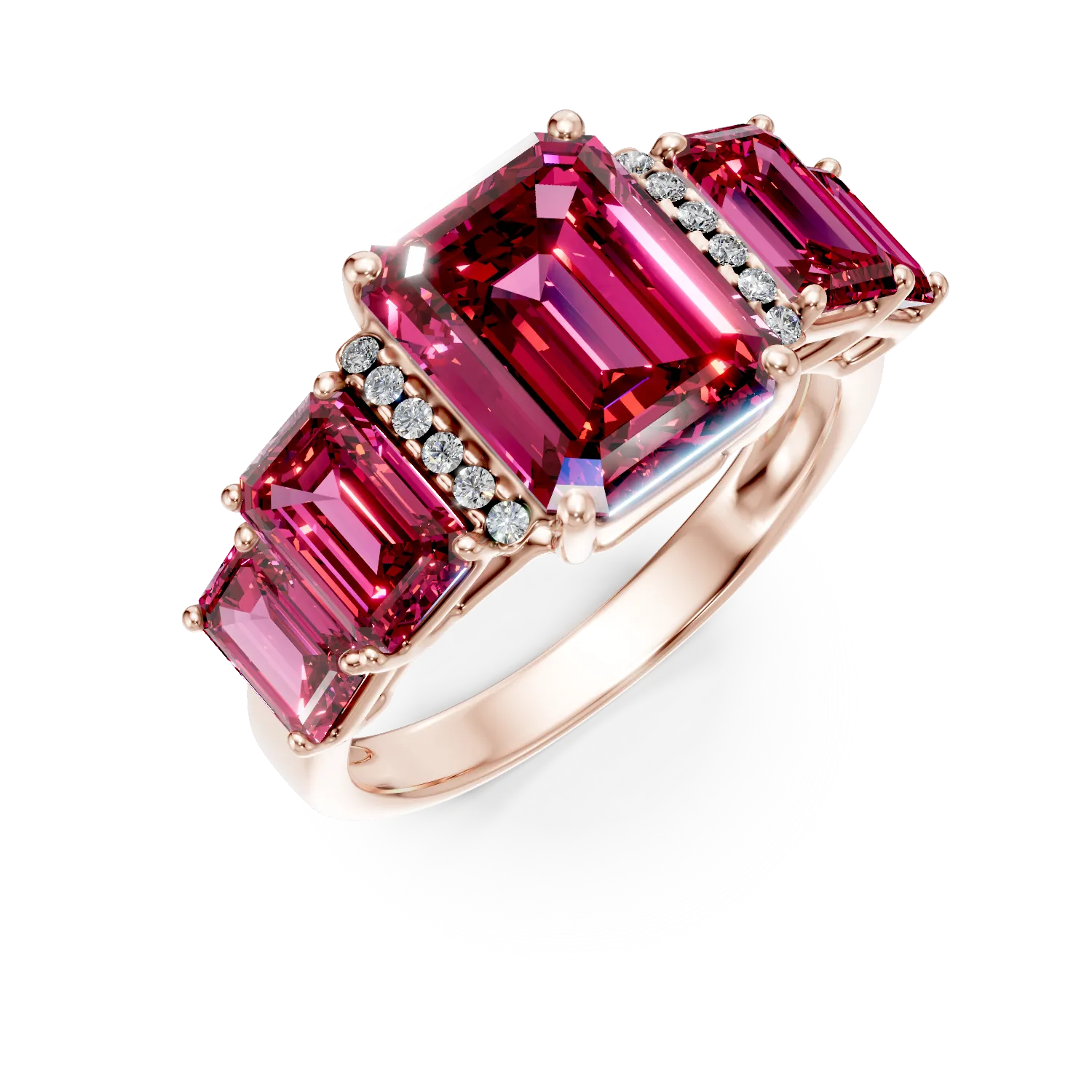 Inel din aur roz cu rubine si diamante de 5.5ct create in laborator
