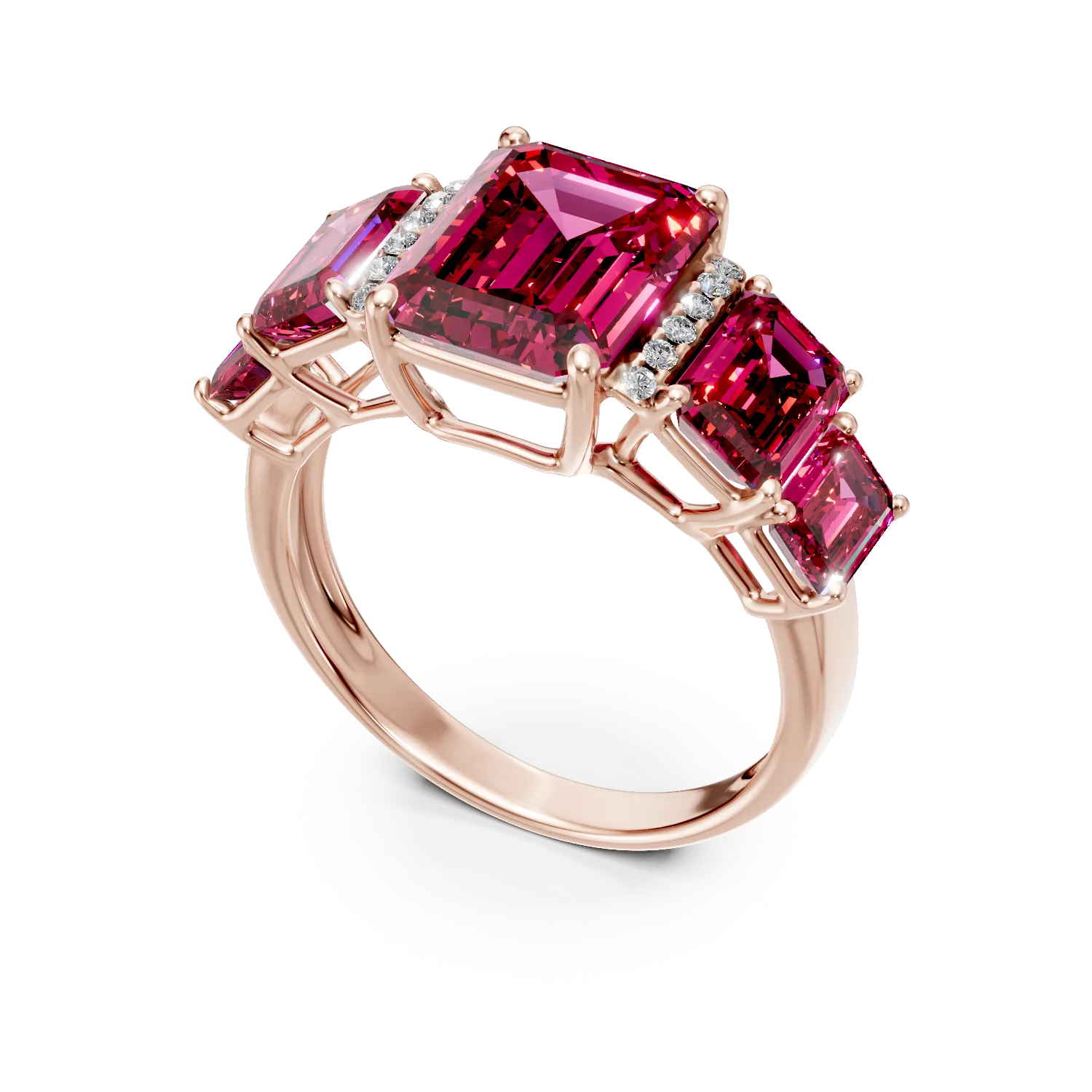 Inel din aur roz cu rubine si diamante de 5.5ct create in laborator