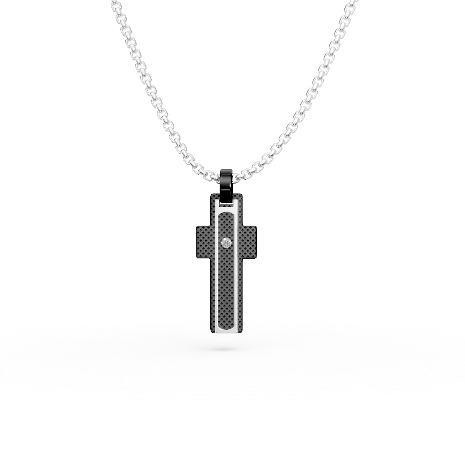 Lant cu pandantiv cruce din otel alb-negru cu diamant de 0.0025ct pentru barbati
