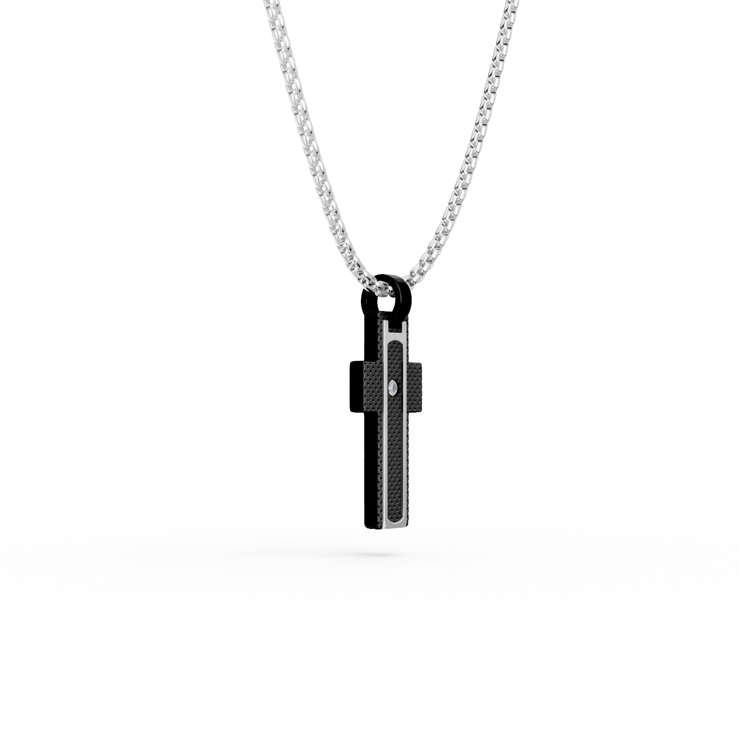 Lant cu pandantiv cruce din otel alb-negru cu diamant de 0.0025ct pentru barbati