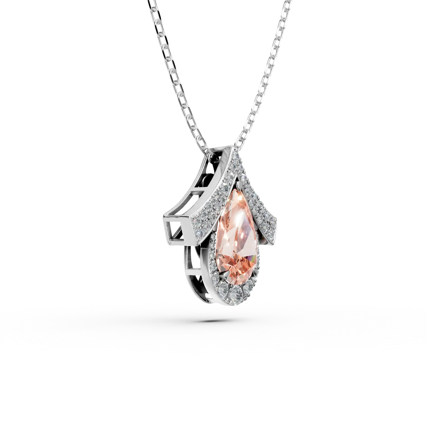 Lant cu pandantiv geometric din aur alb cu diamant fancy roz si diamante incolore de 2.5ct create in laborator