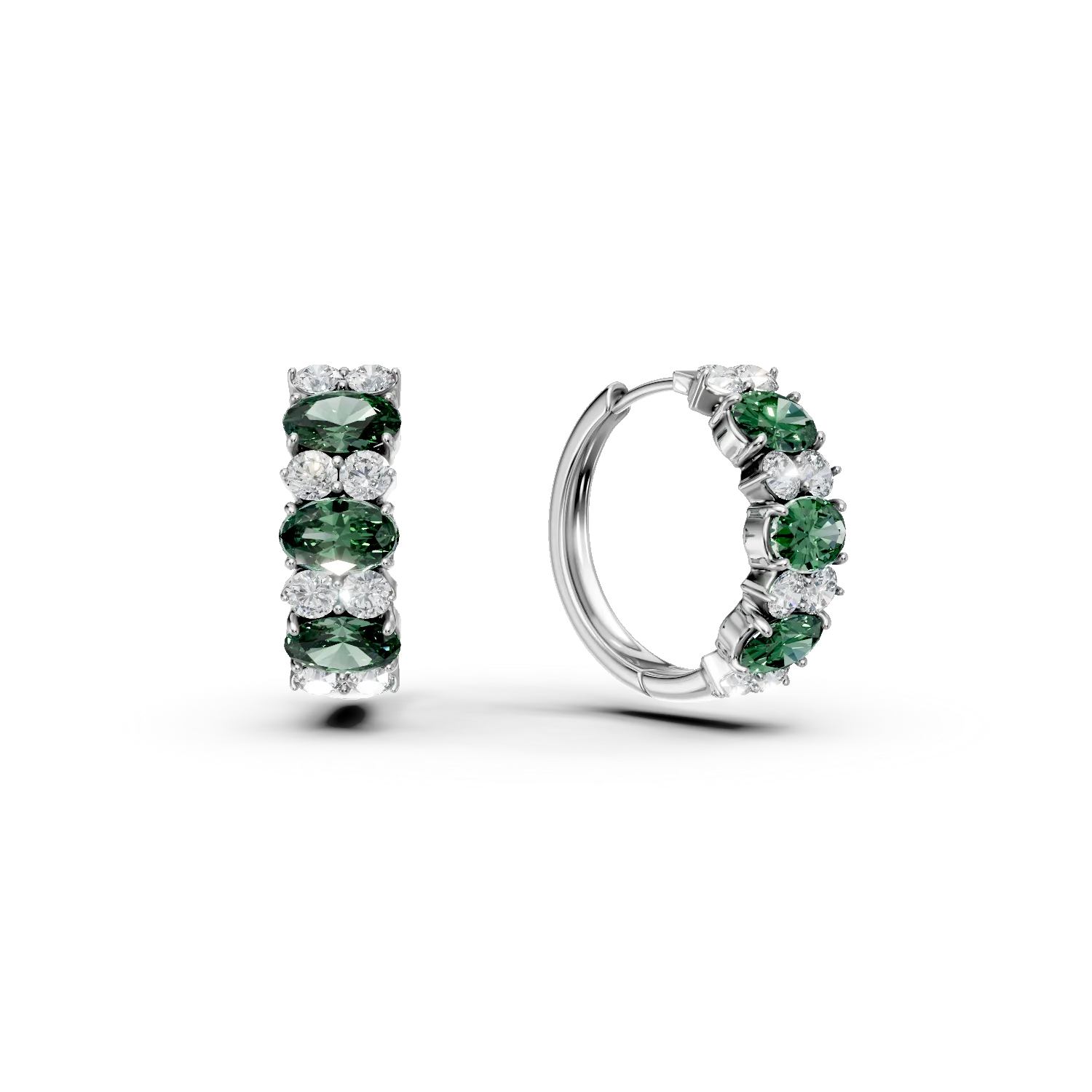 Cercei creole din aur alb cu smaralde si diamante de 1.93ct create in laborator