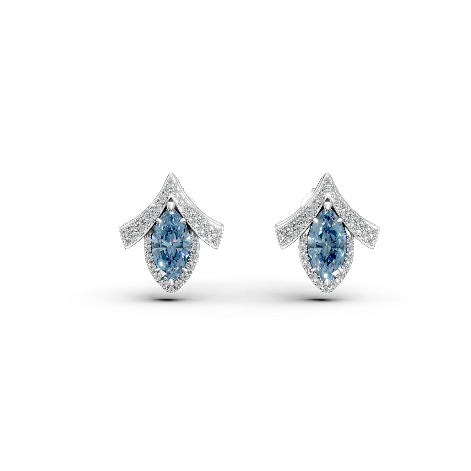 Cercei geometrici din aur alb cu diamante albastre si incolore de 2.5ct create in laborator