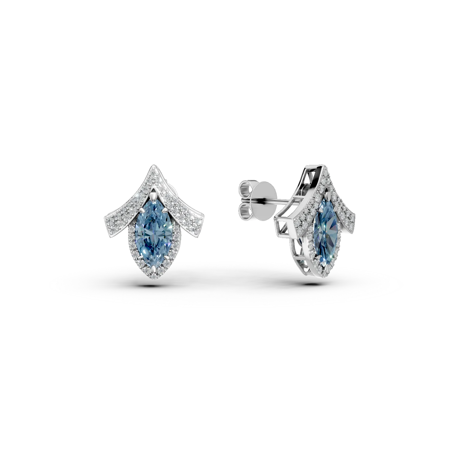 Cercei geometrici din aur alb cu diamante albastre si incolore de 2.5ct create in laborator