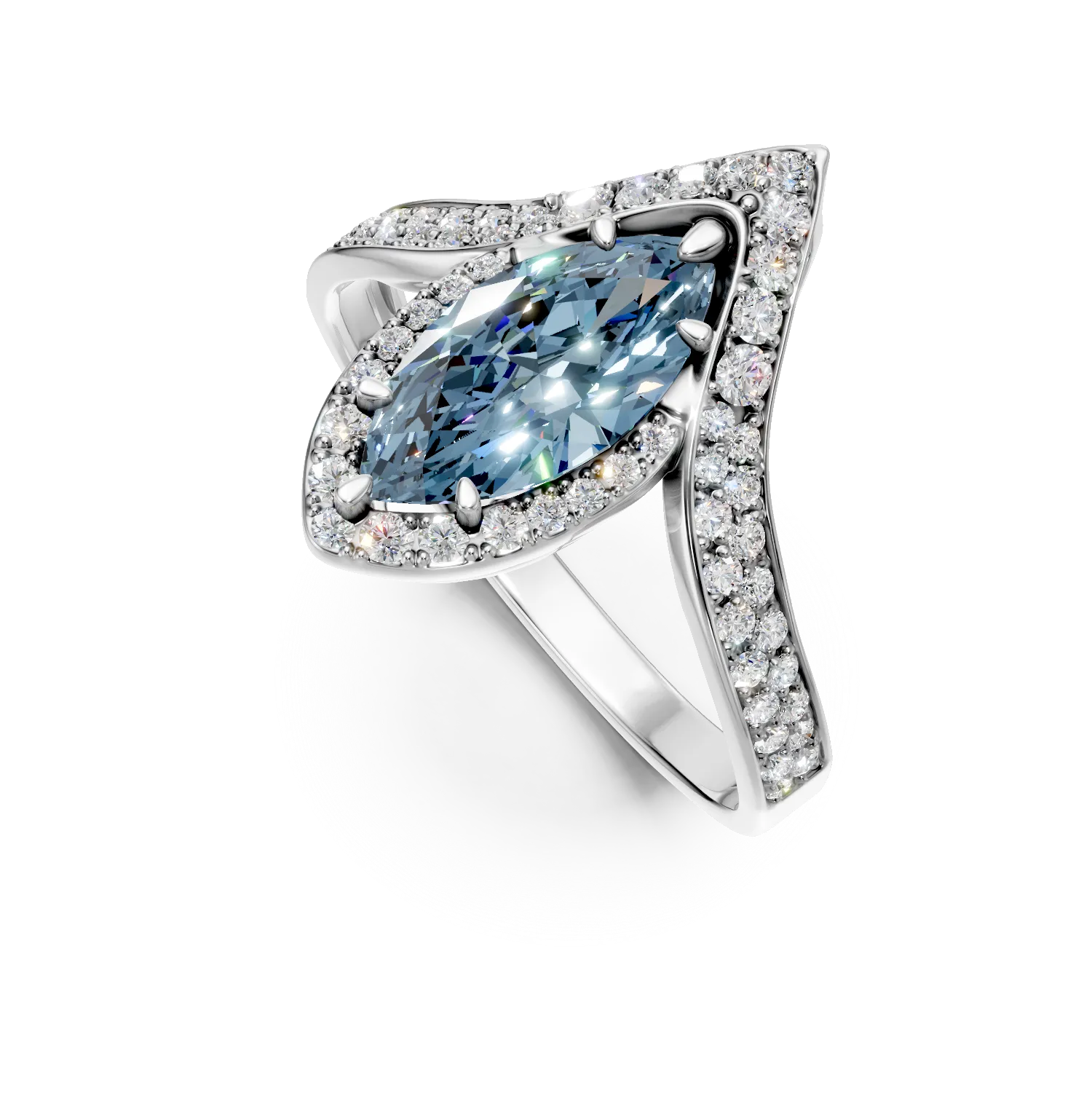 Inel geometric din aur alb cu diamante albastre si incolore de 2.6ct create in laborator