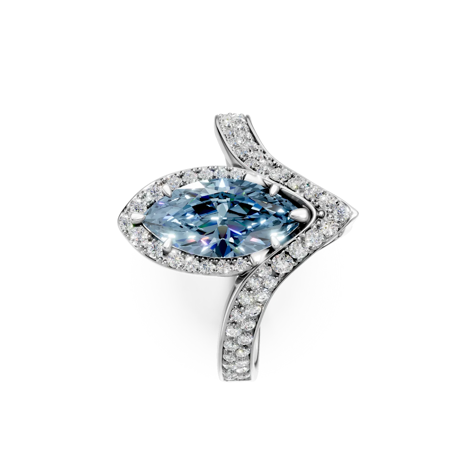 Inel geometric din aur alb cu diamante albastre si incolore de 2.7ct create in laborator