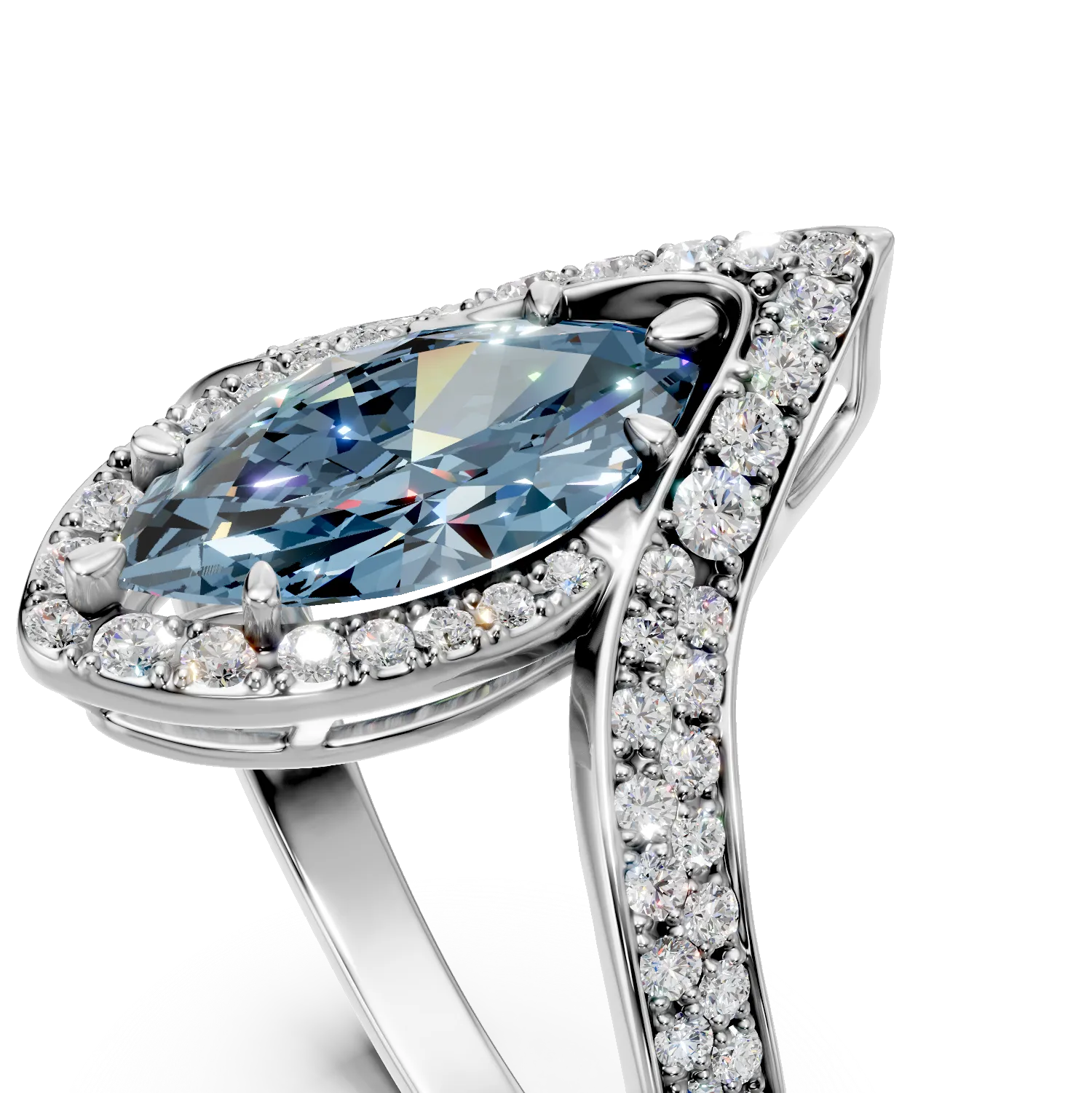Inel geometric din aur alb cu diamante albastre si incolore de 2.7ct create in laborator