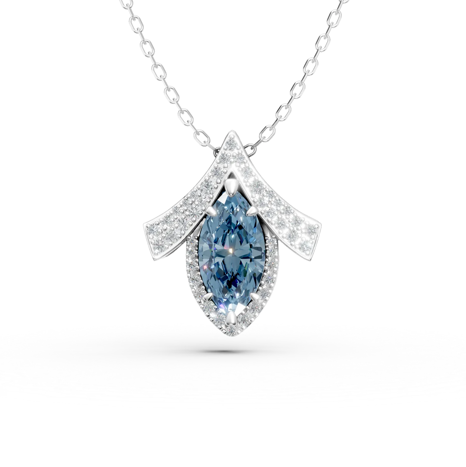 Lant cu pandantiv geometric din aur alb cu diamant fancy albastru si diamante incolore de 2.4ct create in laborator