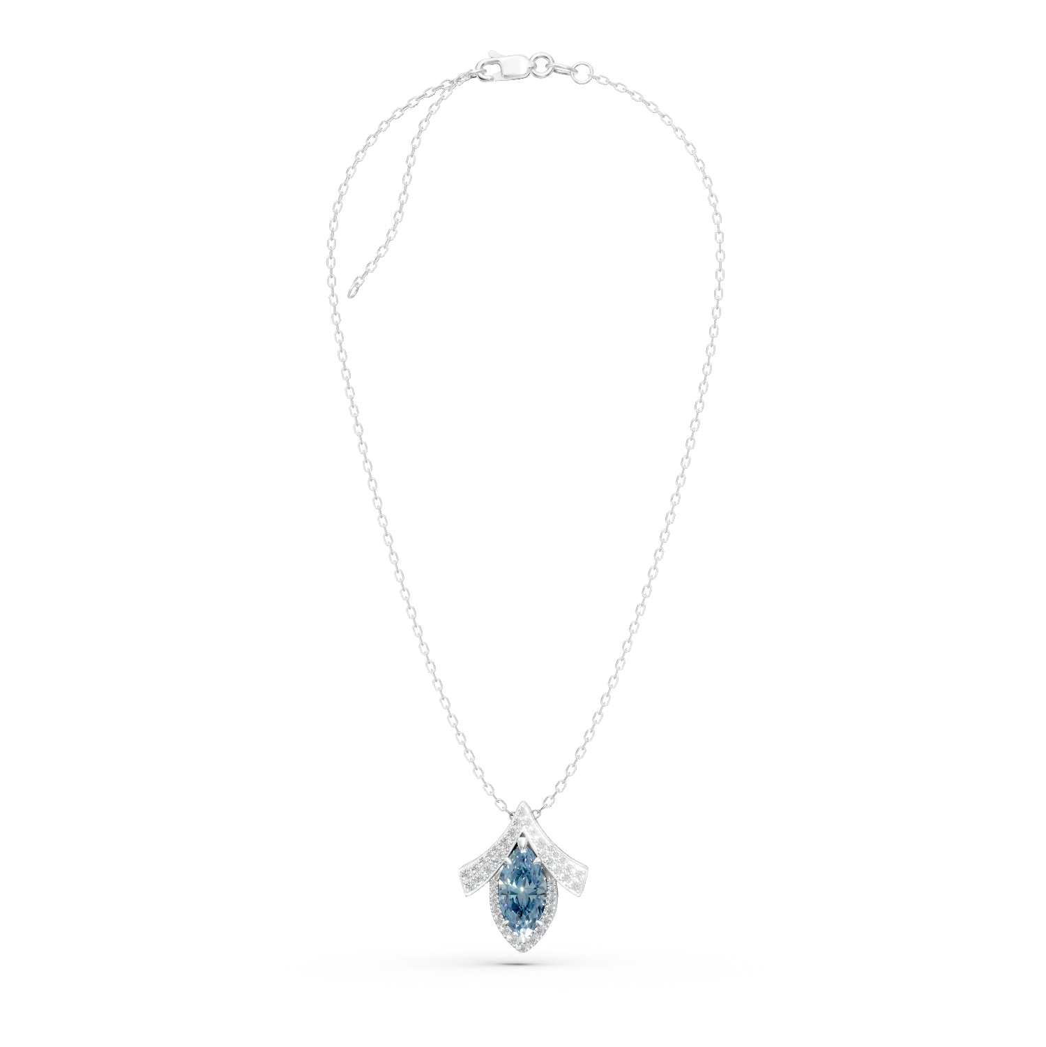 Lant cu pandantiv geometric din aur alb cu diamant fancy albastru si diamante incolore de 2.4ct create in laborator