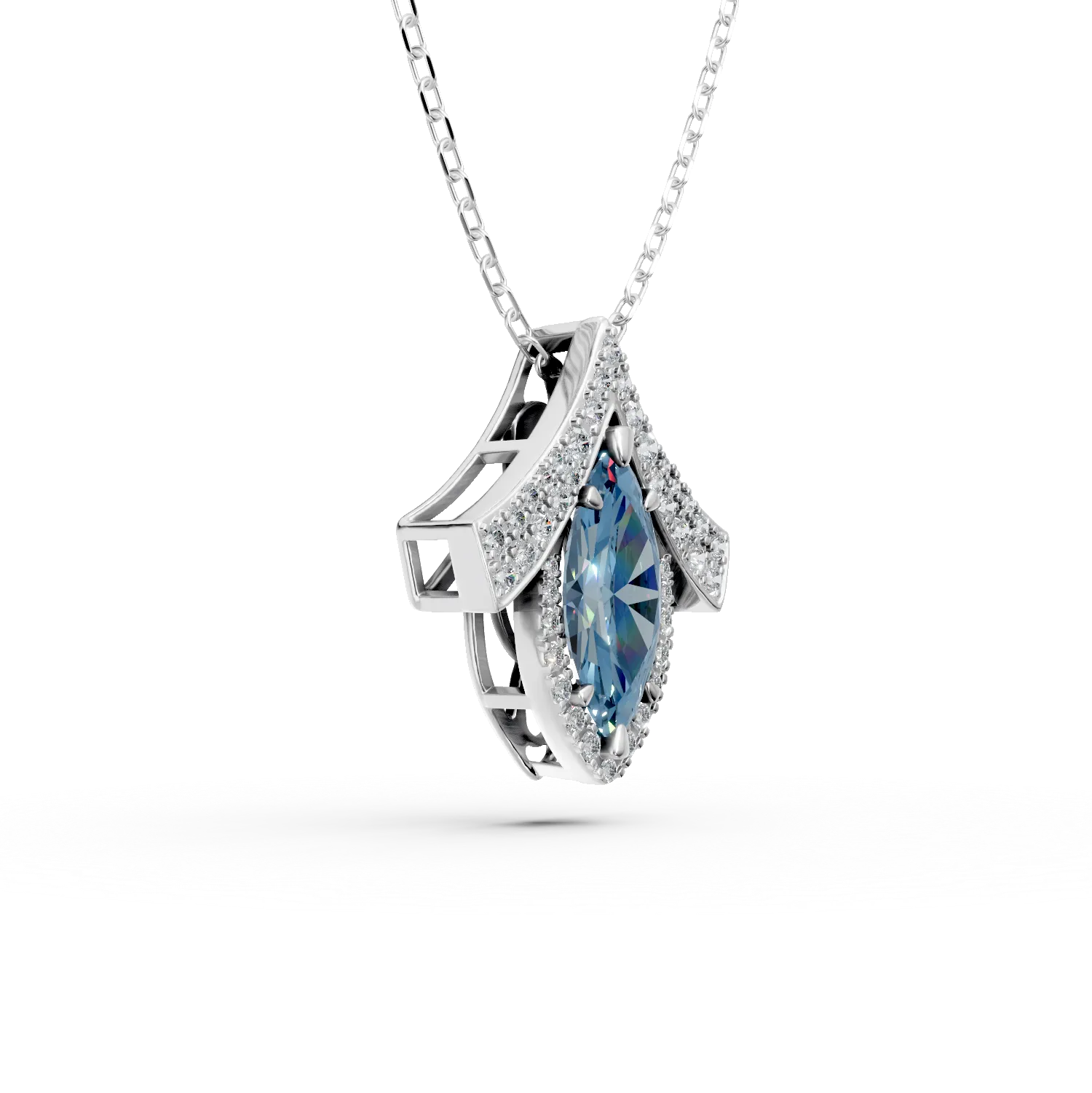 Lant cu pandantiv geometric din aur alb cu diamant fancy albastru si diamante incolore de 2.4ct create in laborator