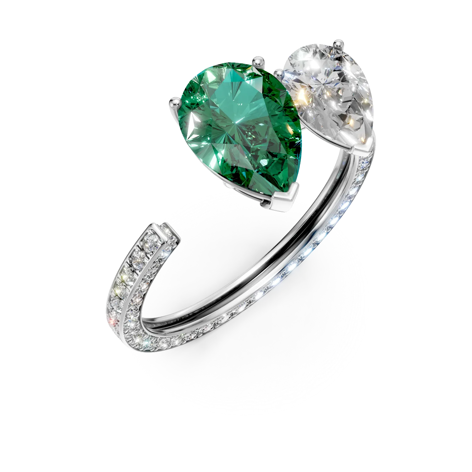 Inel deschis din aur alb cu un smarald si diamante create in laborator de 4.5ct