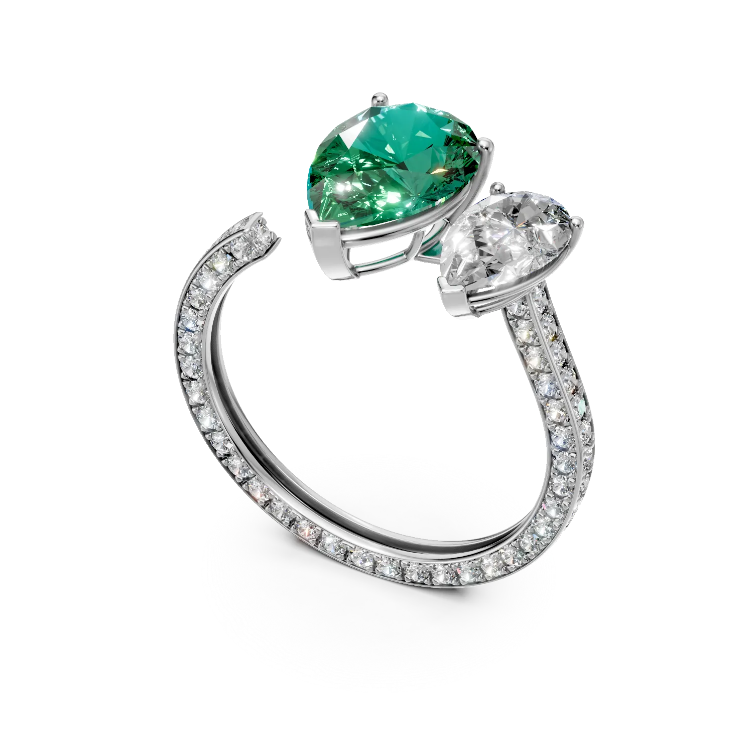 Inel deschis din aur alb cu un smarald si diamante create in laborator de 4.5ct