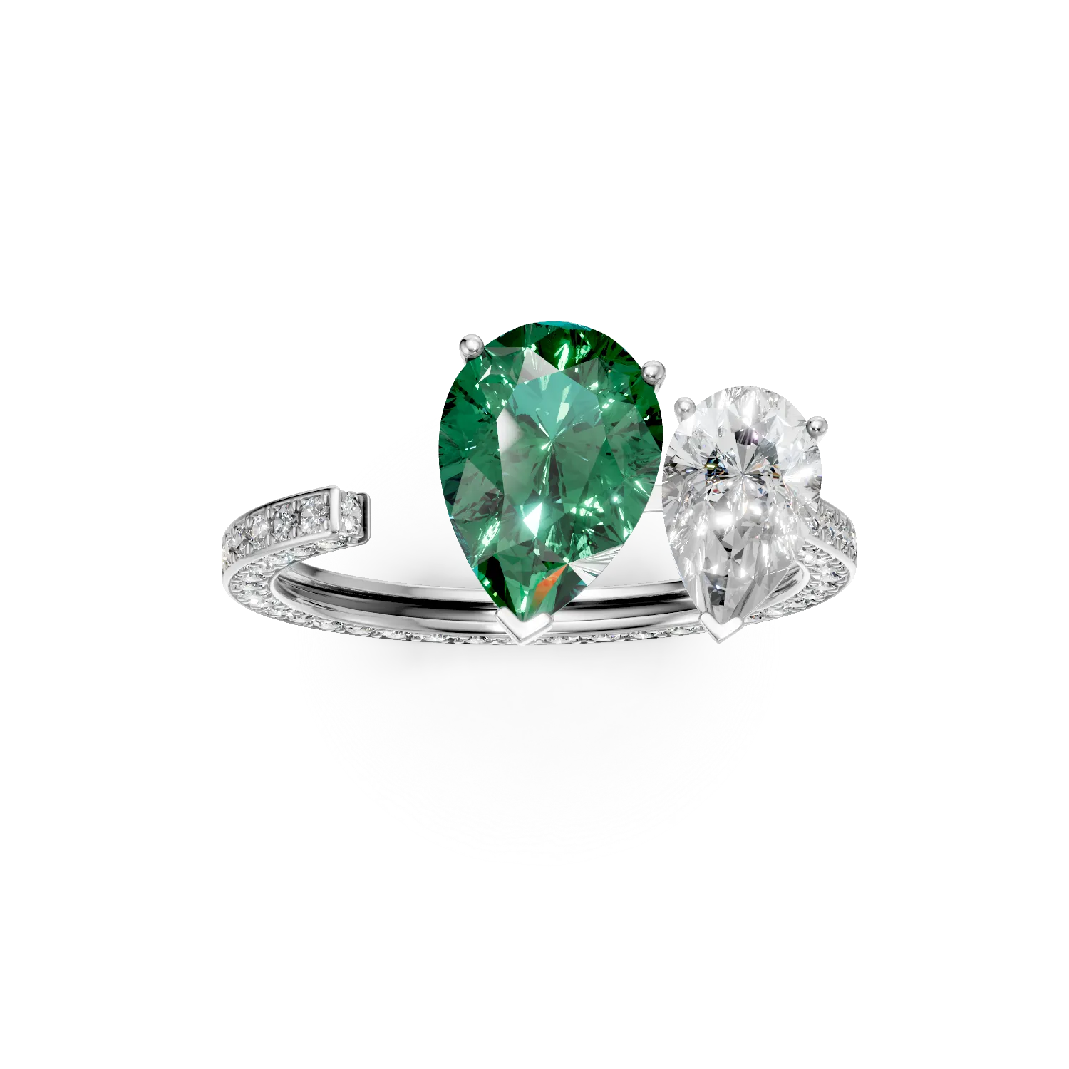 Inel deschis din aur alb cu un smarald si diamante create in laborator de 4.5ct