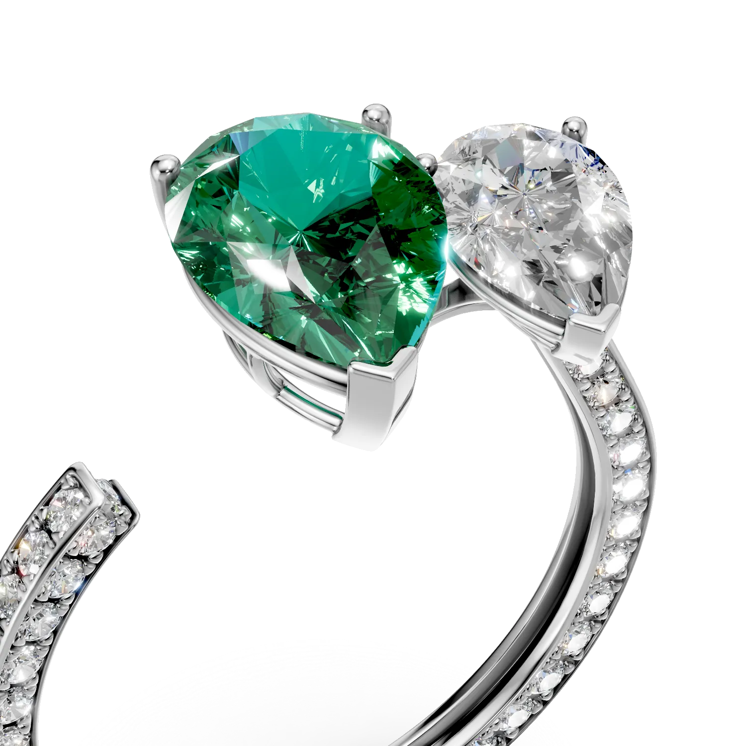 Inel deschis din aur alb cu un smarald si diamante create in laborator de 4.5ct