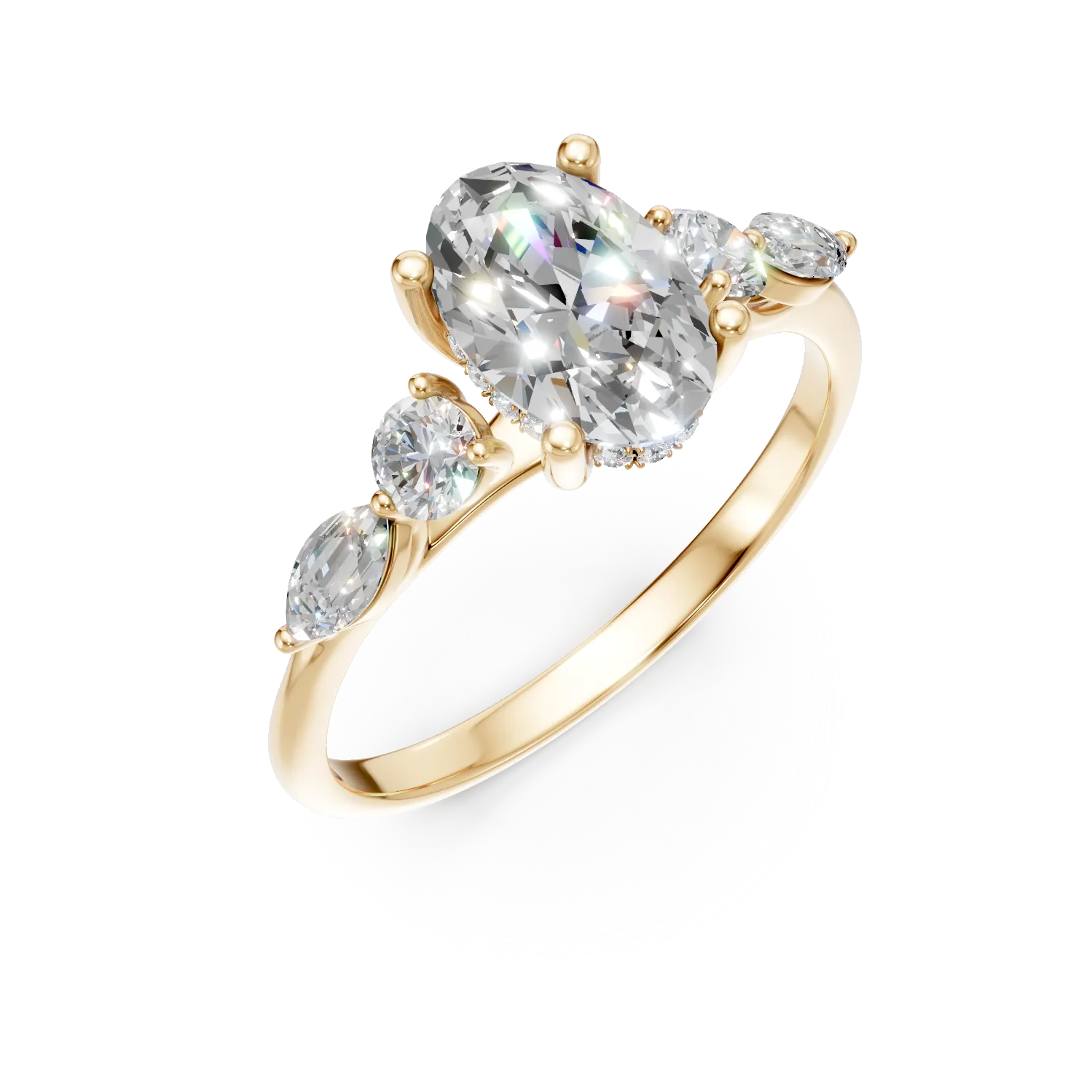 Inel de logodna din aur galben cu diamante create in laborator oval marquise si round de 2.5ct